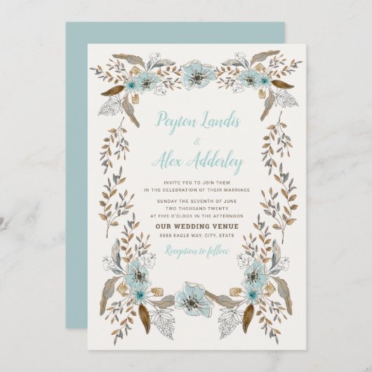 Romantic Dusty Blue Brown Boho Flowers Wedding Kaart (Voorkant / Achterkant)