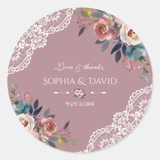 Romantic Dusty Blue Dusty Roos Flowers Weddenschap Ronde Sticker (Voorkant)