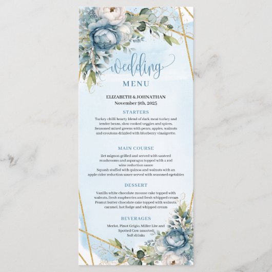Romantic Dusty Blue Eucalyptus Leaves Wedding Menu (Voorkant)