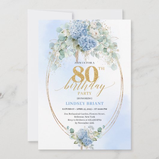 Romantic Dusty Blue Floral Gold 80th Birthday Kaart (Voorkant)