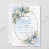 Romantic Dusty Blue Floral Gold Frame Bridal Showe Kaart (Voorkant)