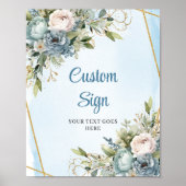 Romantic Dusty Blue Floral Gold Frame Wedding Sign Poster (Voorkant)