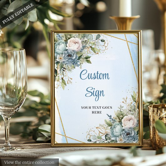 Romantic Dusty Blue Floral Gold Frame Wedding Sign Poster