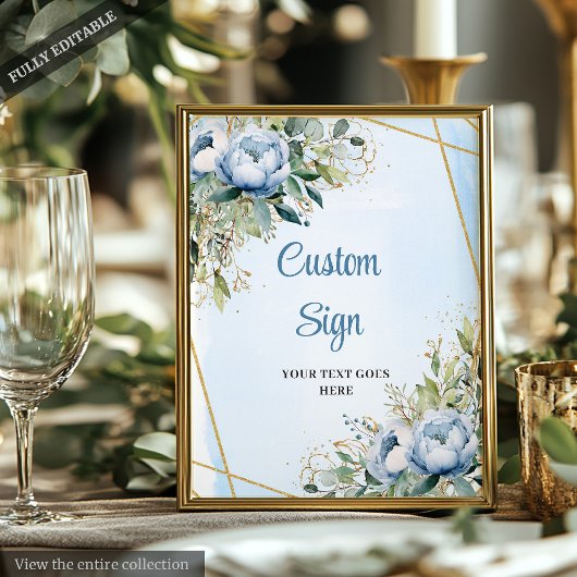 Romantic Dusty Blue Floral Gold Frame Wedding Sign Poster