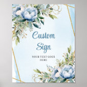 Romantic Dusty Blue Floral Gold Frame Wedding Sign Poster (Voorkant)