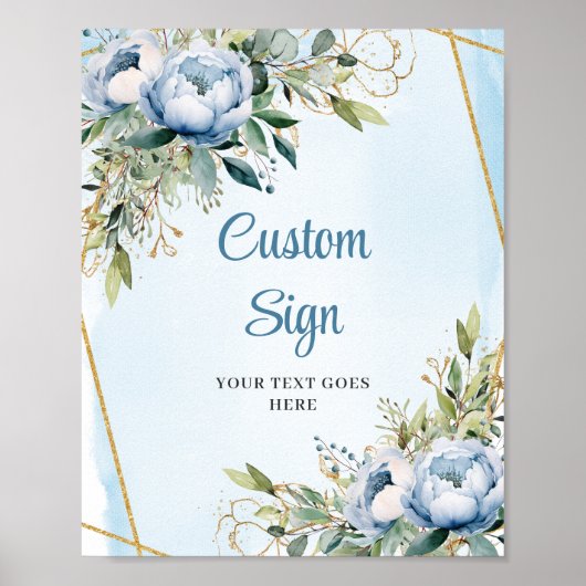Romantic Dusty Blue Floral Gold Frame Wedding Sign Poster (Voorkant)