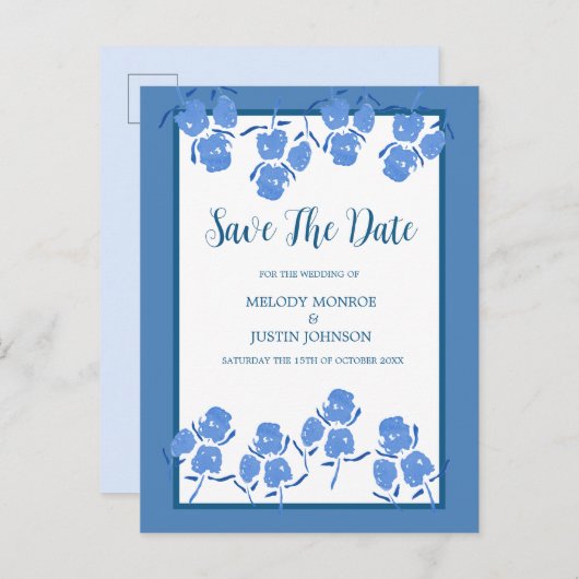 Romantic Dusty Blue Floral slaat de datum op Aankondigingskaart (Voorkant / Achterkant)