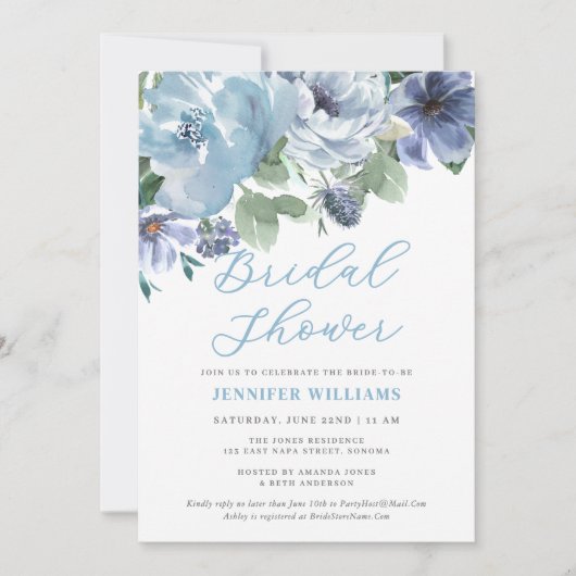 Romantic Dusty Blue Floral Vrijgezellenfeest Party Kaart (Voorkant)