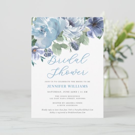 Romantic Dusty Blue Floral Vrijgezellenfeest Party Kaart (Staand voorkant)