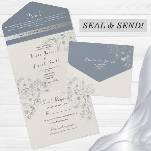Romantic Dusty Blue Floral Wedding All In One Uitnodiging