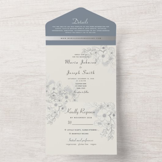 Romantic Dusty Blue Floral Wedding All In One Uitnodiging (Binnen)