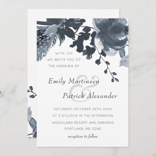 Romantic Dusty Blue Floral Wedding Kaart (Voorkant / Achterkant)
