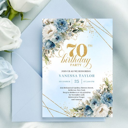 Romantic dusty blue florals gold frame 70 birthday kaart