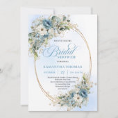 Romantic Dusty Blue Flowers Bridal Shower Invite Kaart (Voorkant)