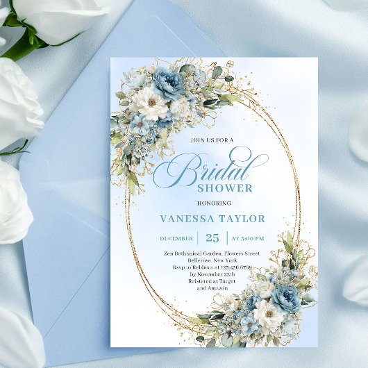 Romantic Dusty Blue Flowers Bridal Shower Invite Kaart