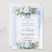 Romantic Dusty Blue Gold Floral Wedding Invitation Kaart (Voorkant)
