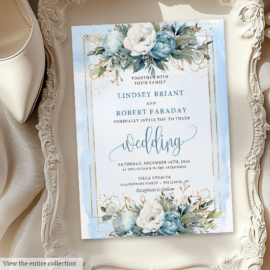 Romantic Dusty Blue Gold Floral Wedding Invitation Kaart