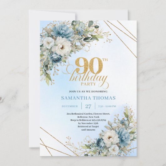 Romantic Dusty Blue Gold Frame 90th Birthday Card Kaart (Voorkant)