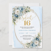Romantic Dusty Blue Greenery Sweet Sixteen Invite Kaart (Voorkant)