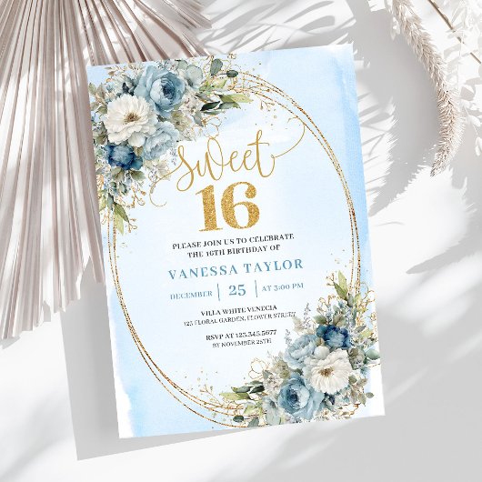 Romantic Dusty Blue Greenery Sweet Sixteen Invite Kaart