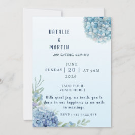 Romantic Dusty Blue Hydrangea Watercolor Wedding  Kaart