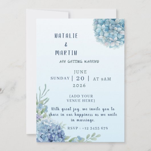 Romantic Dusty Blue Hydrangea Watercolor Wedding  Kaart (Voorkant)
