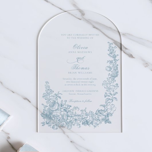 Romantic Dusty Blue Line Art Floral Wedding Acryl Uitnodigingen