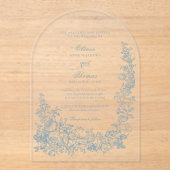 Romantic Dusty Blue Line Art Floral Wedding Acryl Uitnodigingen (Voorkant)