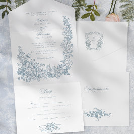 Romantic Dusty Blue Line Art Floral Wedding All In One Uitnodiging