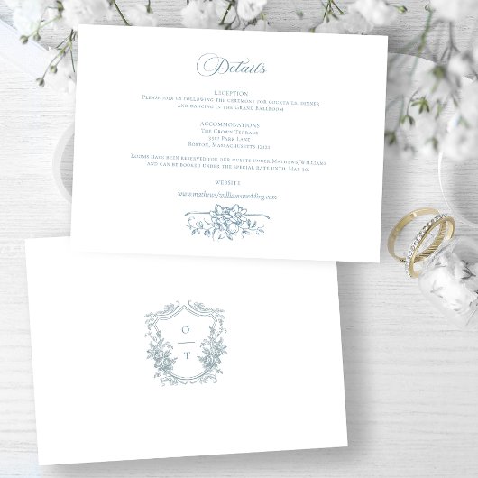 Romantic Dusty Blue Line Art Floral Wedding Informatiekaartje