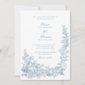 Romantic Dusty Blue Line Art Floral Wedding Kaart (Voorkant)