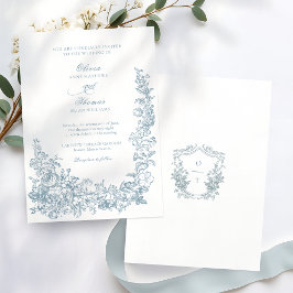 Romantic Dusty Blue Line Art Floral Wedding Kaart