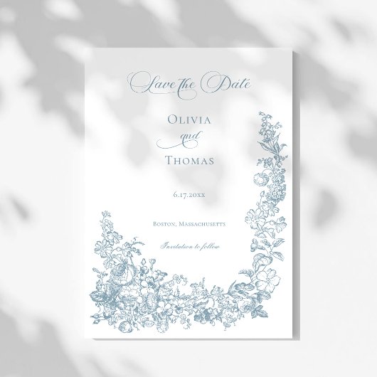 Romantic Dusty Blue Line Art Floral Wedding Save The Date