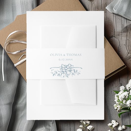 Romantic Dusty Blue Line Art Floral Wedding Uitnodigingen Wikkel
