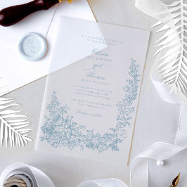 Romantic Dusty Blue Line Art Floral Wedding Vellum Uitnodigingen