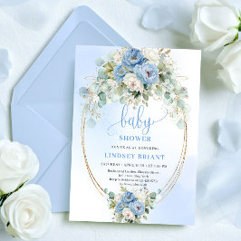 Romantic Dusty Blue Peonies Eucalyptus Gold Shower Kaart