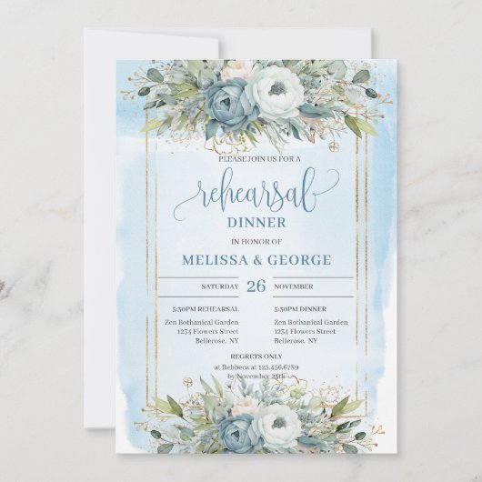 Romantic Dusty Blue Peonies Gold Frame Dinner Card Kaart (Voorkant)