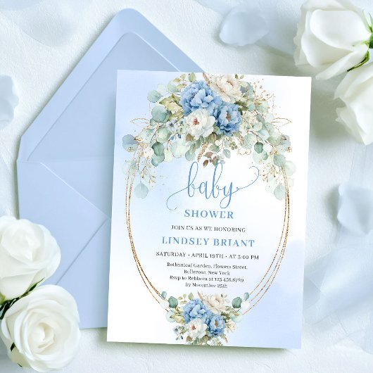 Romantic Dusty Blue Peony Eucalyptus Baby Shower  Kaart