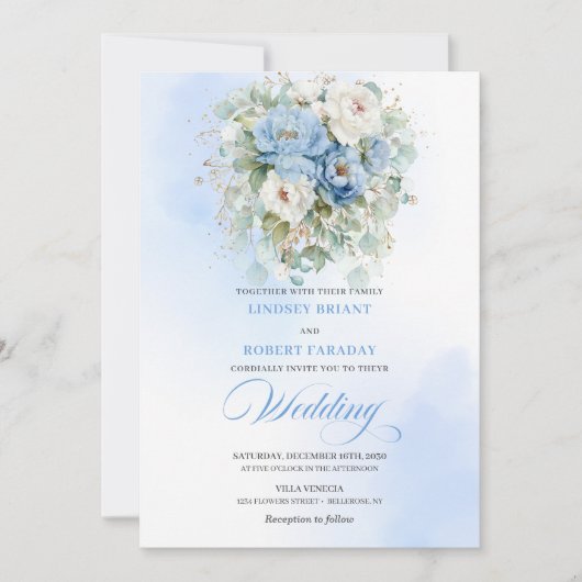 Romantic Dusty Blue Peony Eucalyptus Wedding Invit Kaart (Voorkant)