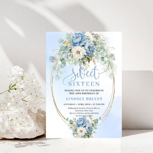 Romantic Dusty Blue Peony Gold Floral Sweet 16th Kaart