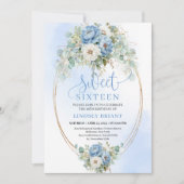 Romantic Dusty Blue Peony Gold Floral Sweet 16th Kaart (Voorkant)