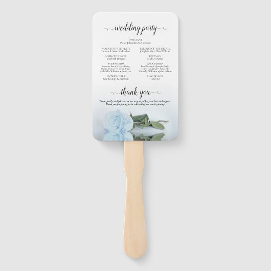 Romantic Dusty Blue Roos Elegant Wedding Programme Handwaaier (Achterkant)