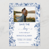 Romantic Dusty Blue Toile Floral Photo Save The Date (Voorkant)