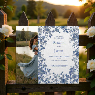 Romantic Dusty Blue Toile Floral Photo Wedding Kaart