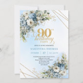 Romantic Dusty Blue White Floral 90th Birthday Kaart (Voorkant)