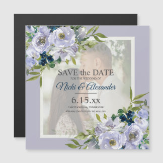 Romantic Dusty Blue White Floral Foto Save Date Magnetische Uitnodiging