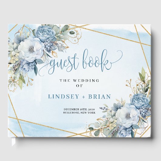 Romantic Dusty Blue White Gold Flowers Guest Book Gastenboek (Voorkant)