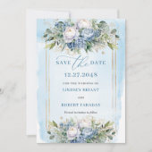 Romantic Dusty Blue White Gold Peonies Save Date Kaart (Voorkant)