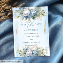 Romantic Dusty Blue White Gold Peonies Save Date