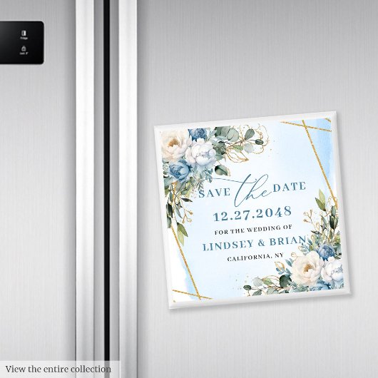 Romantic Dusty Blue White Peonies Save the Date Magneet